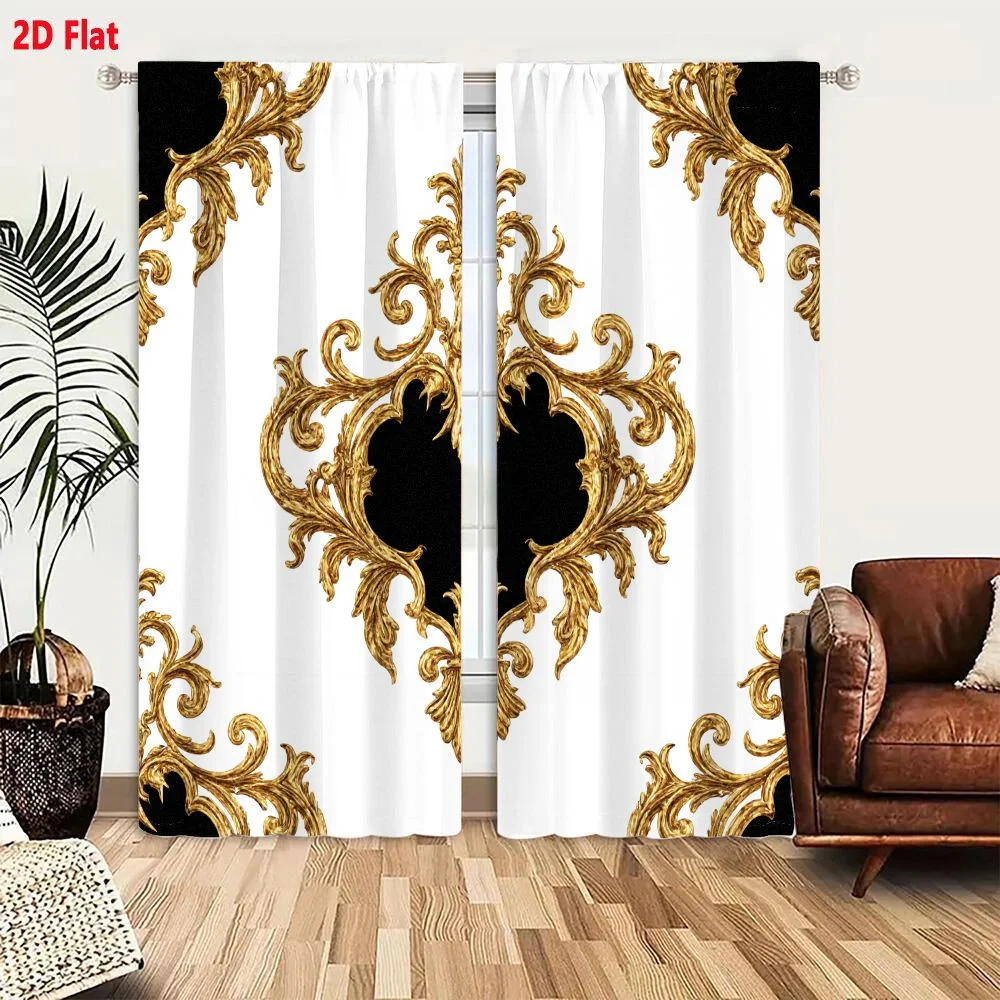 2Pcs Curtains 2D Flat Ornate Golden Baroque Rococo Decorative Motifs With Heart - Shaped Voids On White Background Repeating Pat