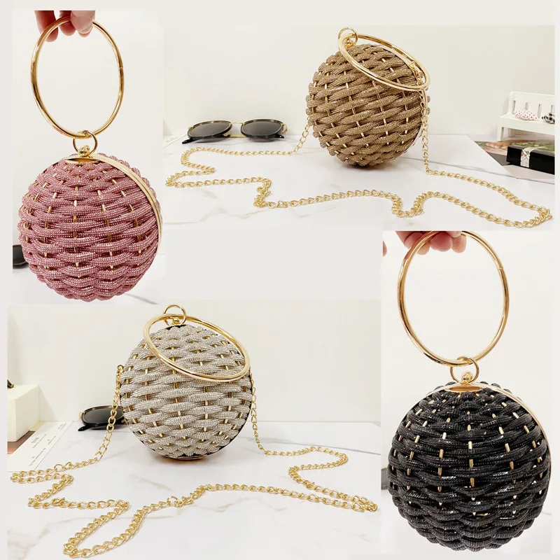 Round Ball Shaped Rhinestone Rope Woven Bag for Women, Hand-Held Crossbody, Light Luxury Bag