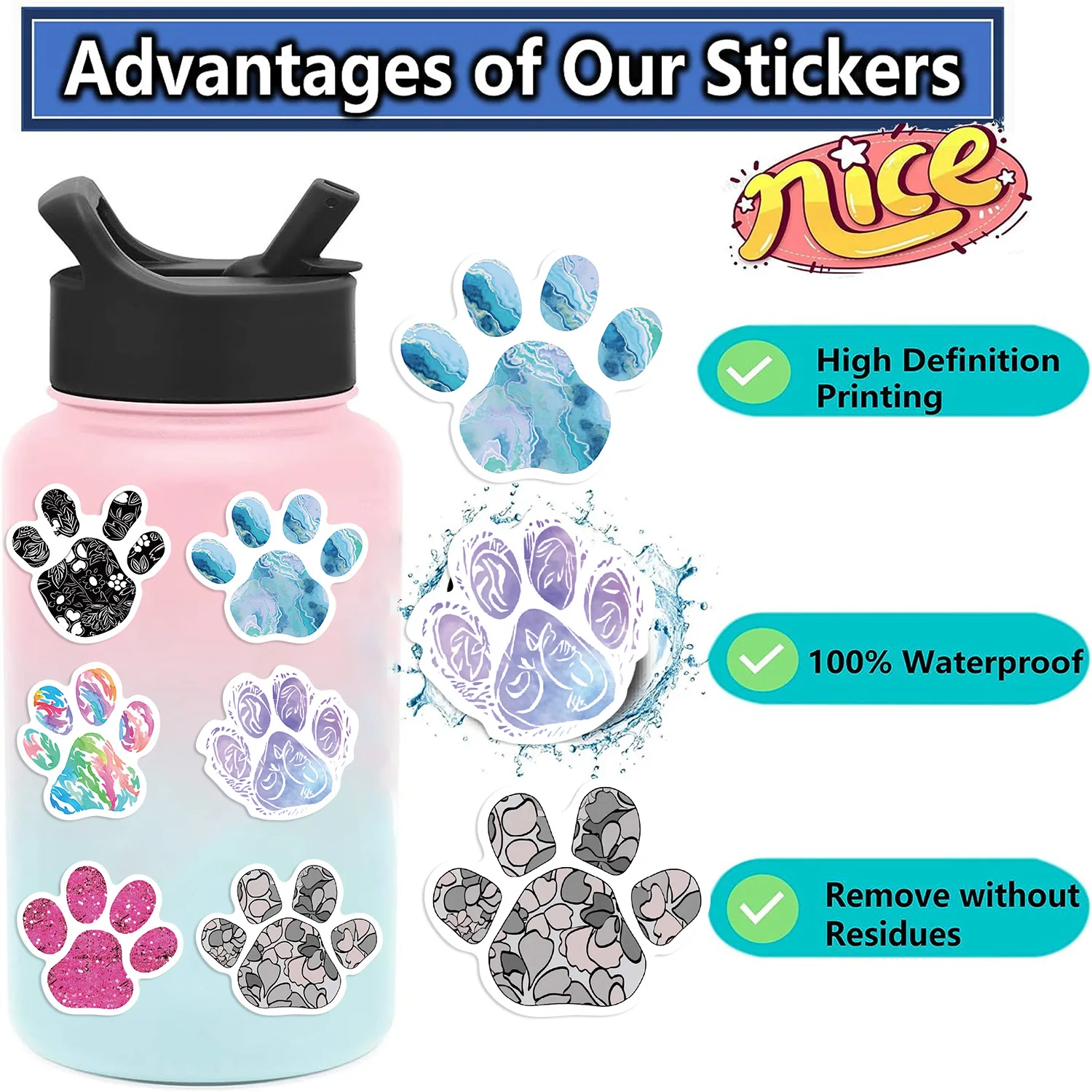 50PCS Paw Print Stickers Cute Cartoon Cat Dog Animals Pack | Cool Colorful Deacls Graffiti Vinyl PVC Waterproof