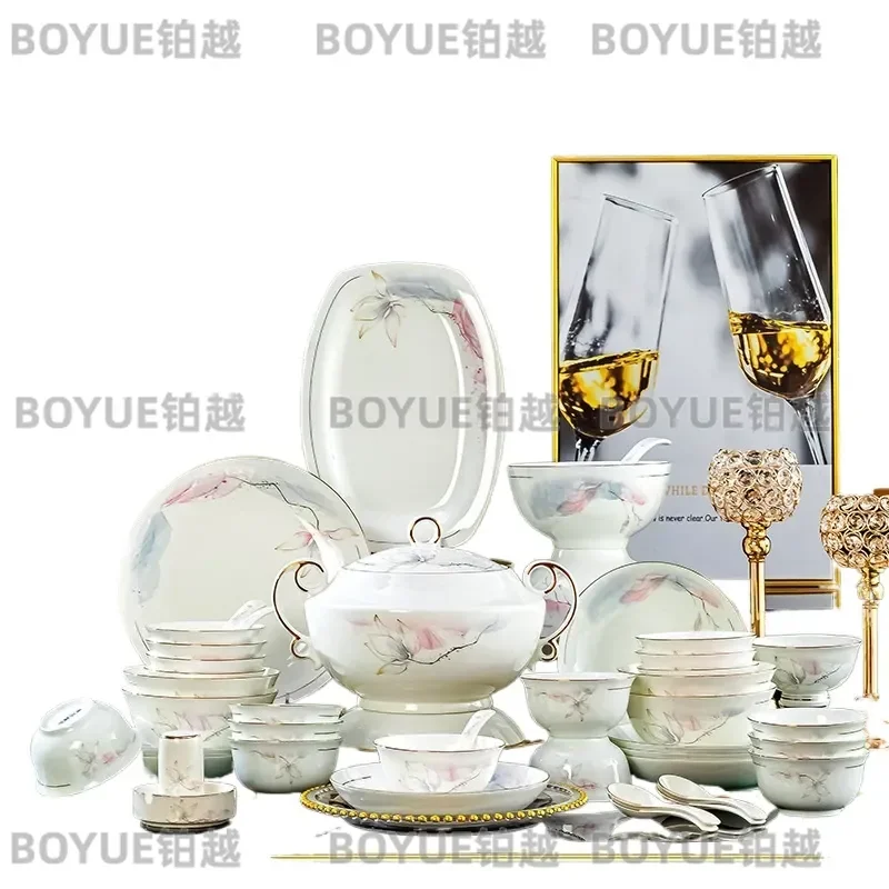 Luxury Bone China Dinnerware Set Gold Rim Plates Household Tableware Elegant Wedding Housewarming Gift Ceramic Dish