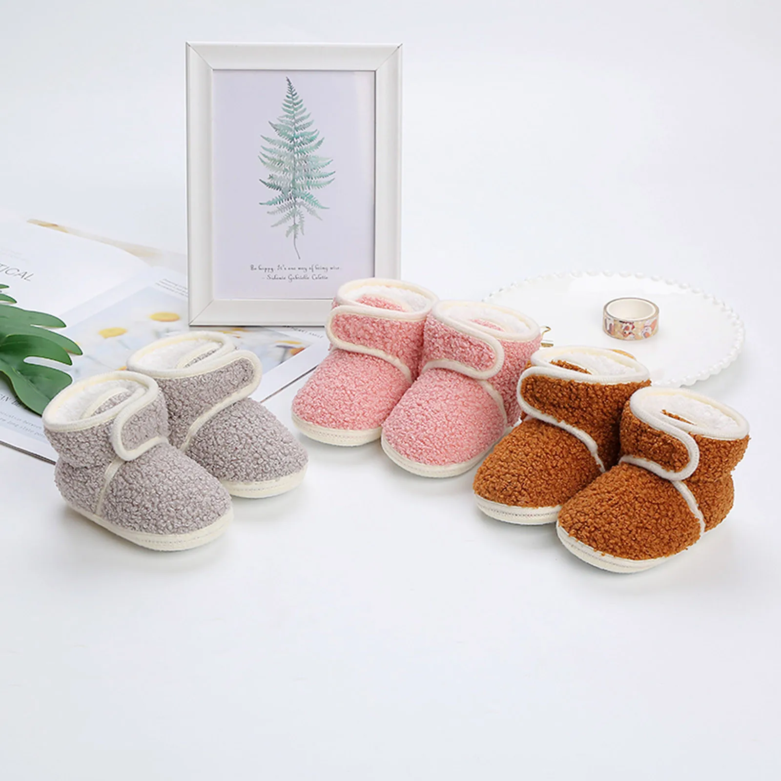 Baby Girl Warm Knit Baby Slippers Toddler Fleece Boots High-top Shoes Fashion Printing Non Slip Breathable Nude Boots