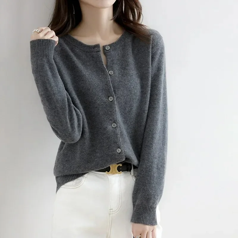 2024 Korean Women's Sweater Cashmere Cardigans V-neck Single Breasted Short Slim Lady Brown Knitwear Tops Solid Femme Cardigan