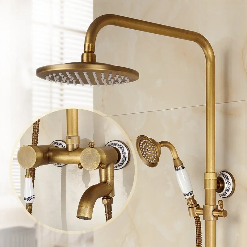 Antique shower set all copper hot and cold water faucet European bathroom lift shower rain