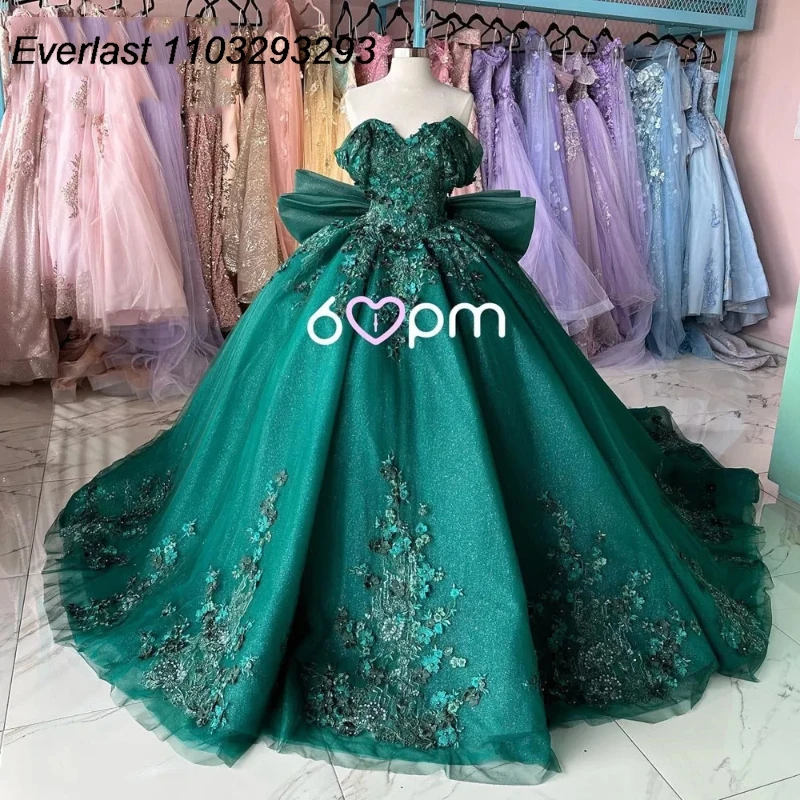 

EVLAST Glitter Emerald Green Quinceanera Dress Ball Gown 3D Floral Applique Beading With Cape Sweet 16 Vestido De 15 Anos TQD294