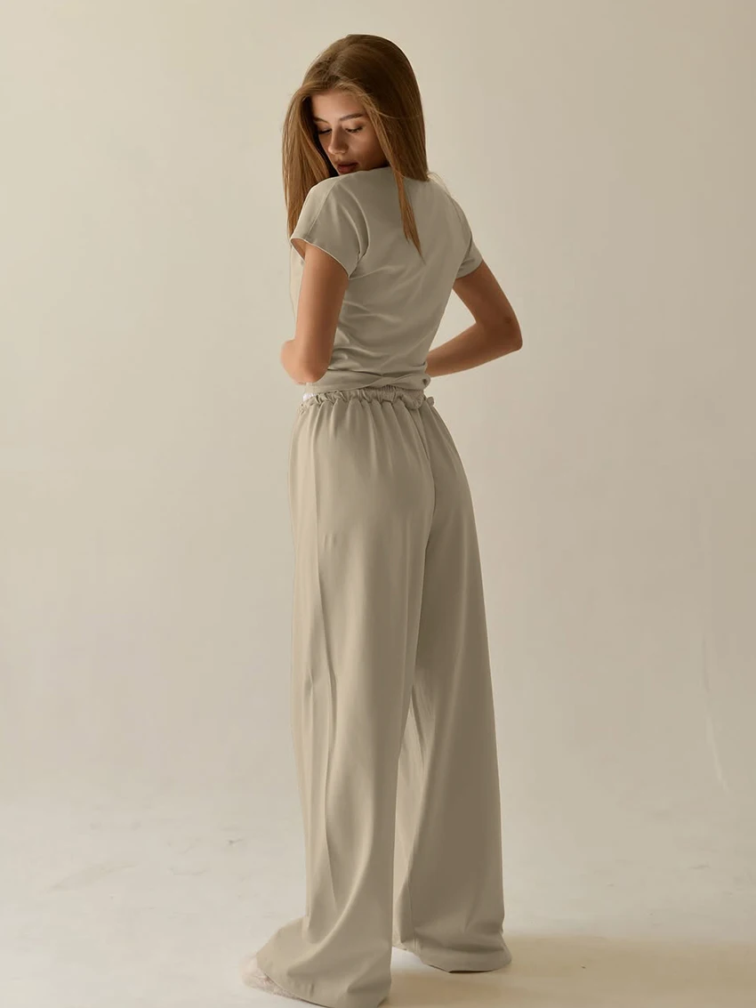 Marthaqiqi Home Clothes Women Short Sleeve Pajama O-Neck Sleepwear Crop Top Nightgown Pants Casual Ladies Nightwear 2 Piece Suit