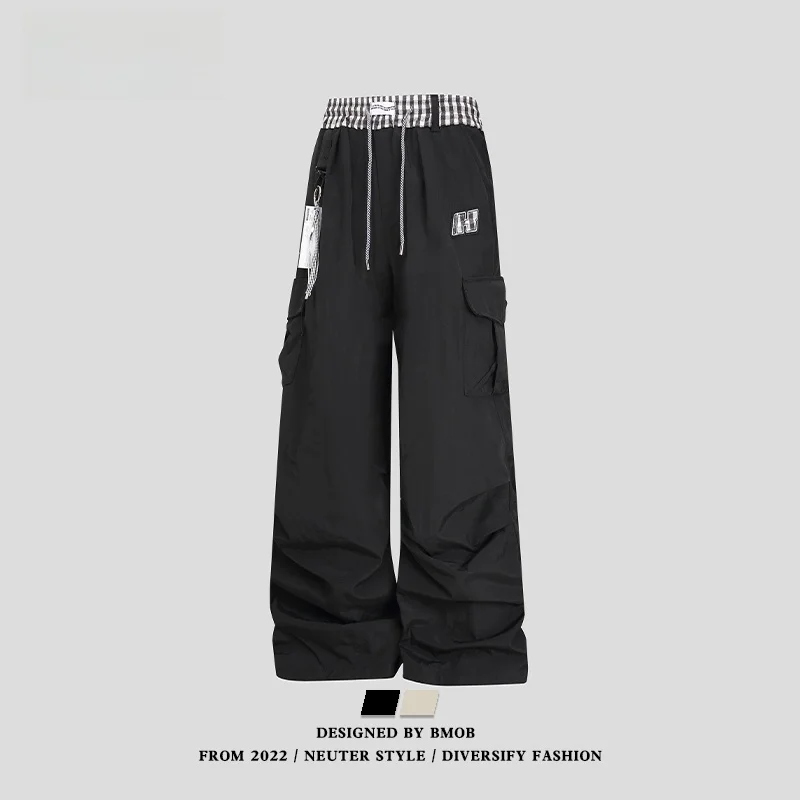 

Retro American Plaid Splicing Casual Paratrooper Work Pants Loose Wide Leg Sports Long Trousers for Men And Women Trendy Brand