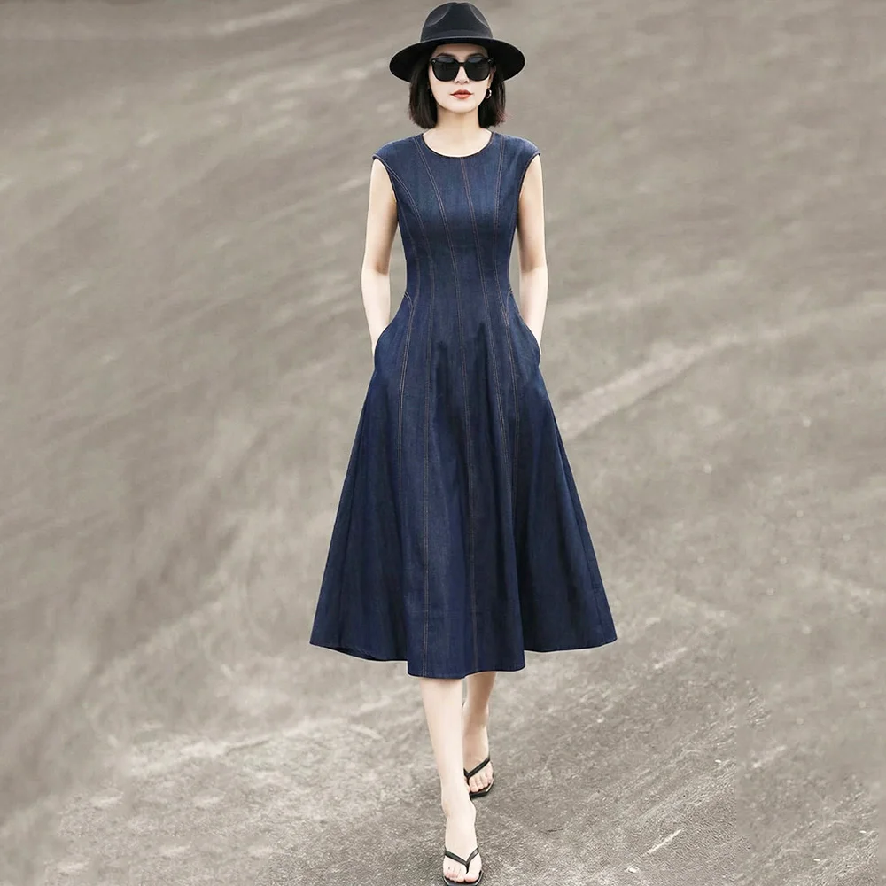 

New Spring Summer Sleeveless Denim Dress Women Fashion O-Neck Slim Waist Simplicity Long Dress Elegant A-line Dress Female