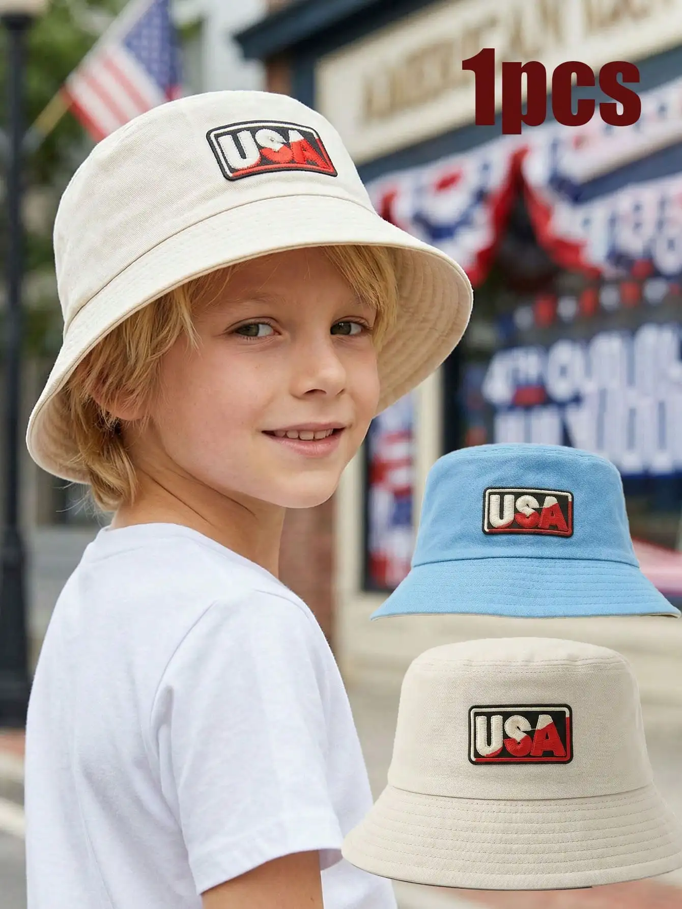 1 Stück 5-10 Jahre Jungen Fischerhut mit Buchstaben-Print Amerikanische Flagge Weiß-Blauer Trucker-Hut Kinder Unabhängigkeitstag Outdoor Sonnenhut