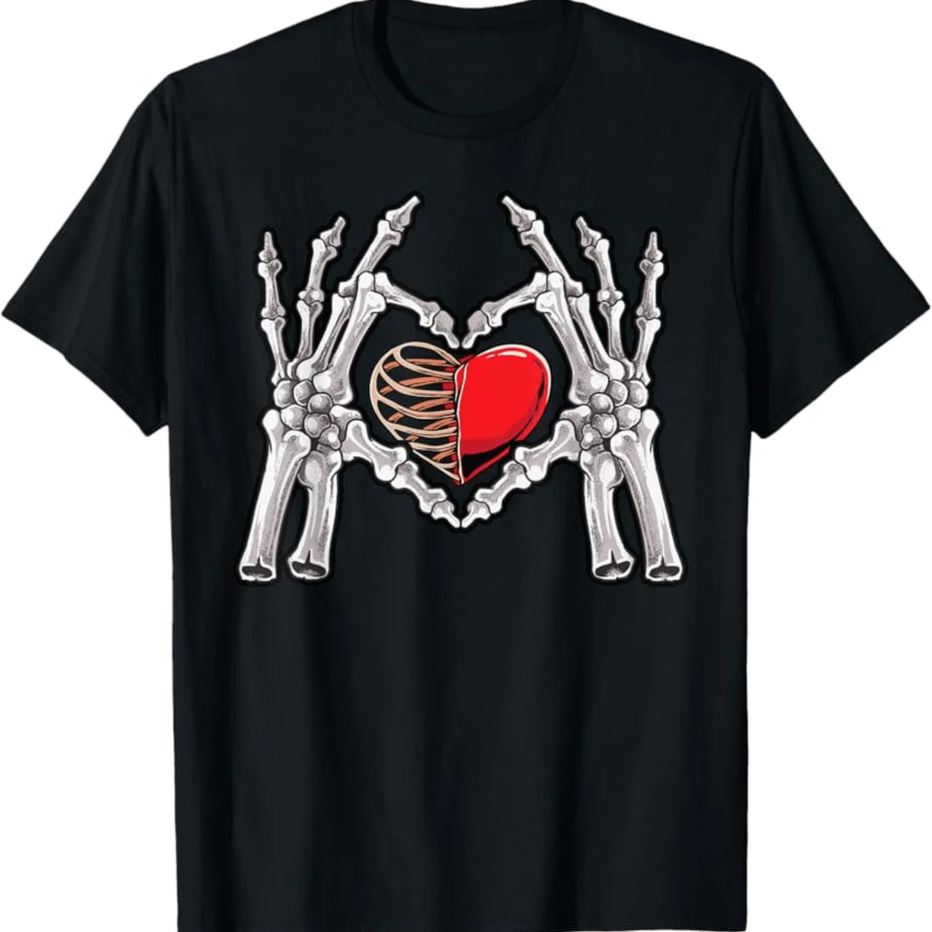 

Men'S Gothic Romantic Skeleton Hand Heart Graphic T-Shirt - 180gsm Heavyweight 100% White with Black & Red Bone & Heart Print