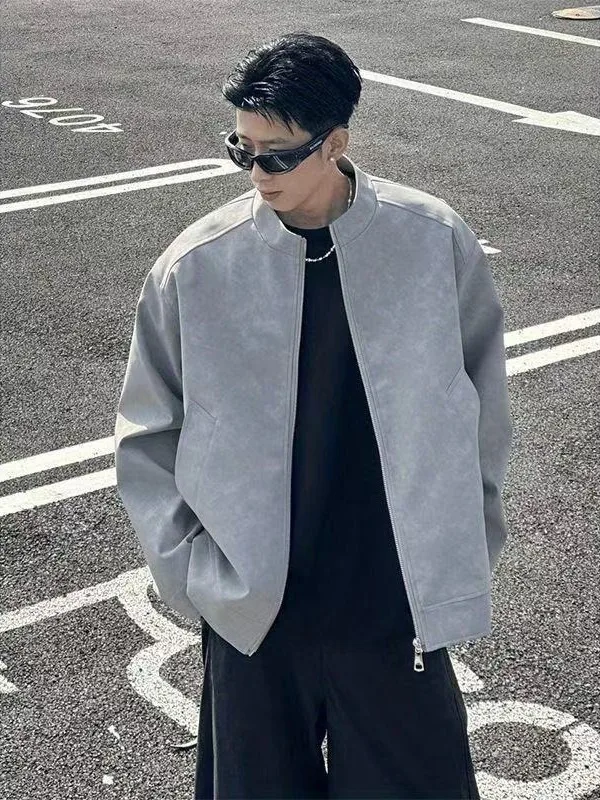 

Мужская кожаная куртка в стиле ретро в американском стиле, повседневная модная весенняя верхняя одежда с воротником-стойкой, ветрозащитная одежда из полиэфирного волокна