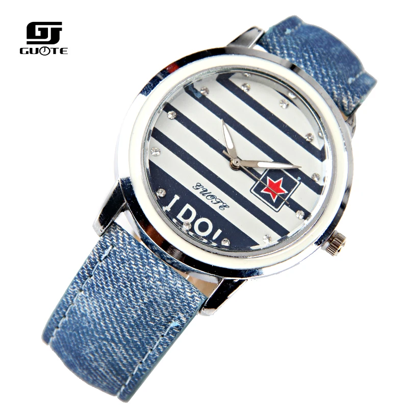 New Famous Brand Stripe Star Casual Quartz Watch Women Jean Fabric Leather Strap Dress Watches Relogio Feminino Clock Ladies Hot