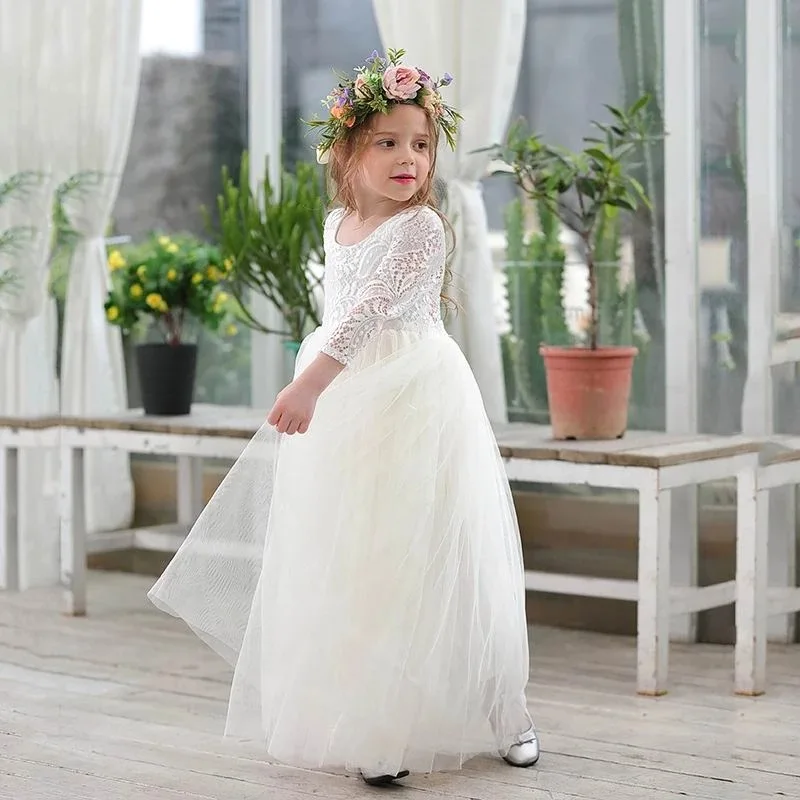 Baby Floral Girl Wedding Dress Birthday Evening Party Dresses Baptism Clothes Teenager Children Toddler Fluffy White Vestidos