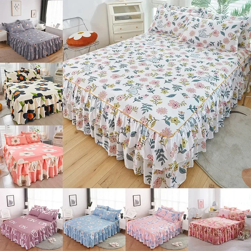 Two Layers Lace Trim Heightening Bed Skirt Plant Printed Mattress Cover Soft Comfortable Single/Queen/King Size Bed Sheet Skirt