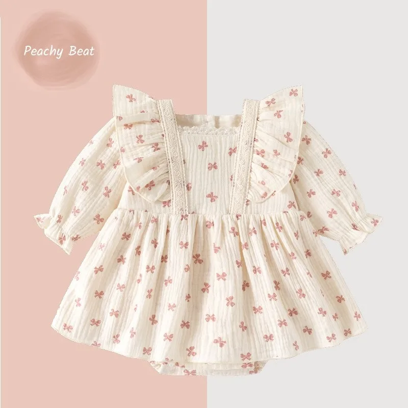 

Хлопковый комбинезон с бантом для новорожденных девочек, платье с рукавами-крылышками, элегантные пижамы с длинными рукавами для малышей, одежда для малышей, От 0 до 2 лет