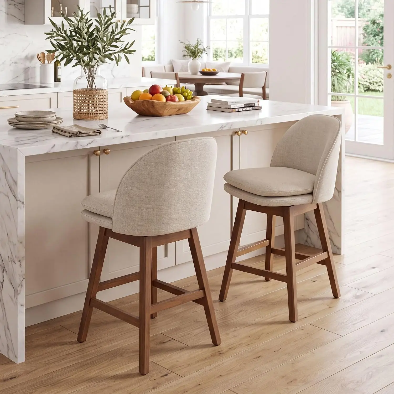 Beige Linen Swivel Counter Height Bar Stools Set Of 2, Customized