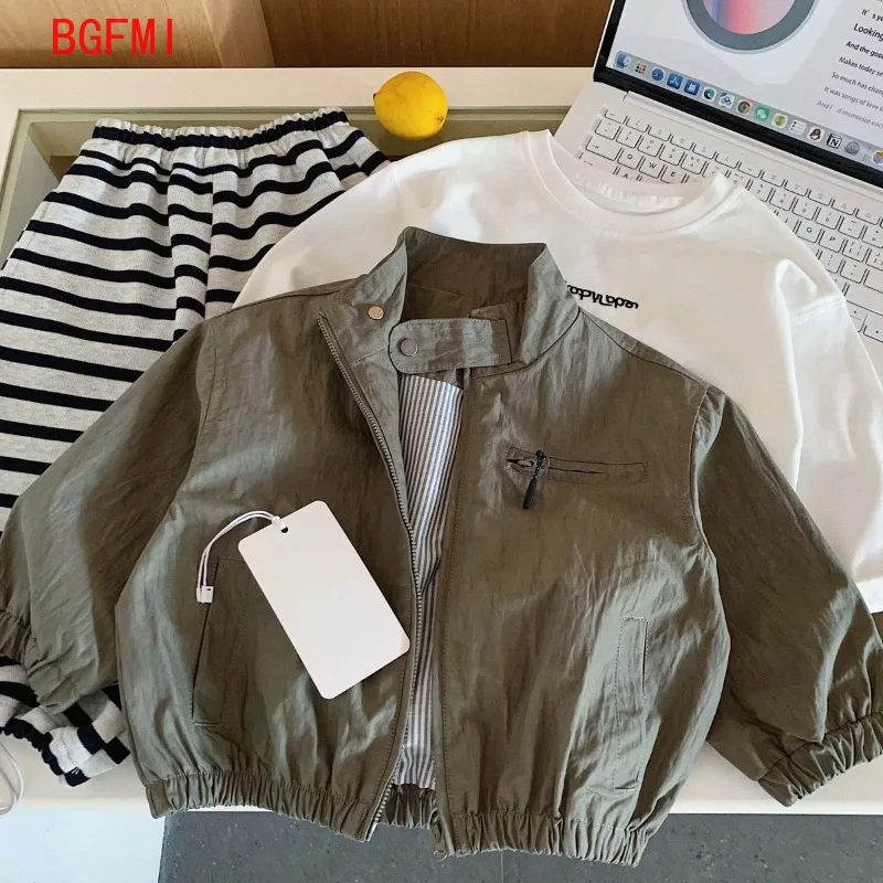 2-11Y Boys Stylish Lined Cargo Jacket 2026 Spring‑Autumn NewToddler Solid‑Color Stand‑Collar Casual Fall Coat with Lining