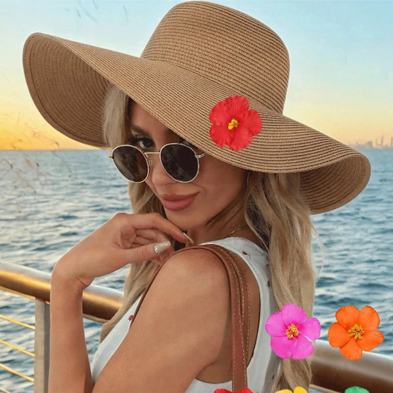 1 Stück Damen-Strohhüte mit breiter Krempe für den Strandurlaub, minimalistische Strohhüte mit breiter Krempe, Outdoor-Freizeit-Sonnenschutz-Strandkappen