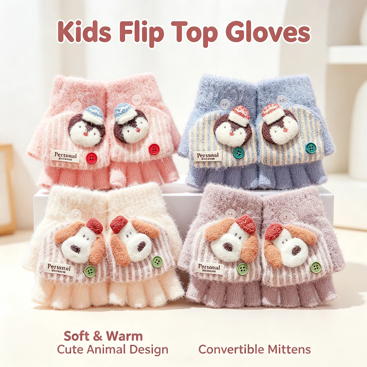 6-14 Jahre Cartoon-Tier-Plüsch-Winter-Handschuhe mit umklappbarem Design für Mädchen und Jungen, warme, weiche Plüsch-Handschuhe mit halben Fingern, gestrickte fingerlose Handschuhe – Detail 1