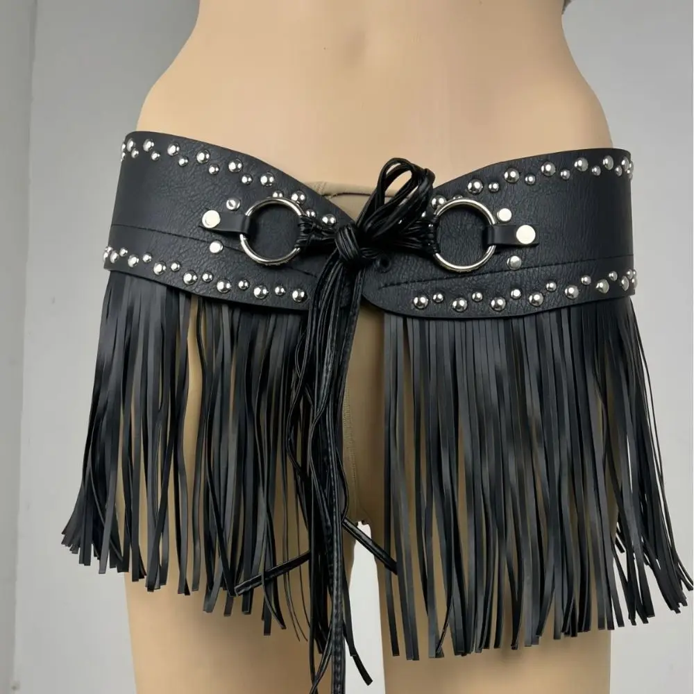 

Simple Black Rrivet Belt Punk Style Width Skirt Decoration Fashion Korean Style Pu Tassel Waistbands Female/Girls