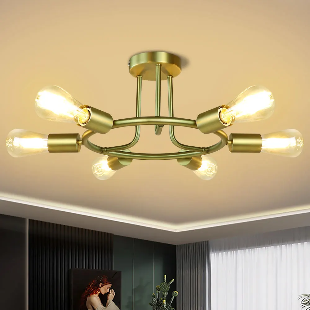 Depuley 6-Light Semi Flush Mount Ceiling Light Fixture Modern Golden Metal Chandelier Farmhouse Ceiling Lamp for Dining Room