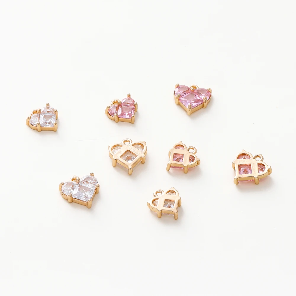 4pcs/lot 18K Gold Colors Clear Pink Heart Zircon Rhinestone Brass Pendants Bracelet Charm For Necklace Jewelry Making Findings