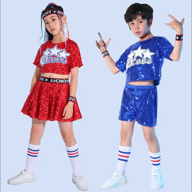 

Modern Jazz Dance Performance Costume Children Cheerleading Stage Performance Couture Set Toddler Sequins Dancewear Boys Girls