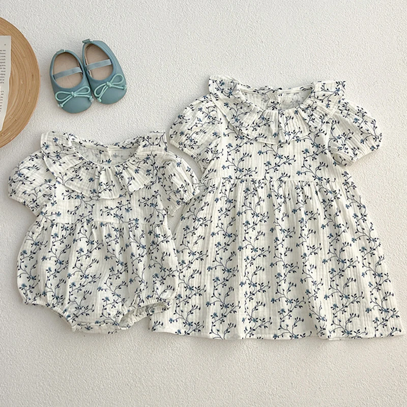 Sister Summer Baby Girls Clothes Girls Short Sleeve ​Dress Flower Print Kids Baby Romper Princess Dress Matching Sister Outfit