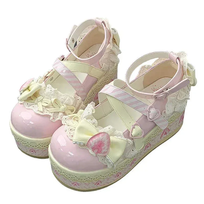 

2025 Cute Marry Jane Elevator Shoes Sweet Girls Lolita Flat Platform ,Female Students Lace Strawberry Bowknots