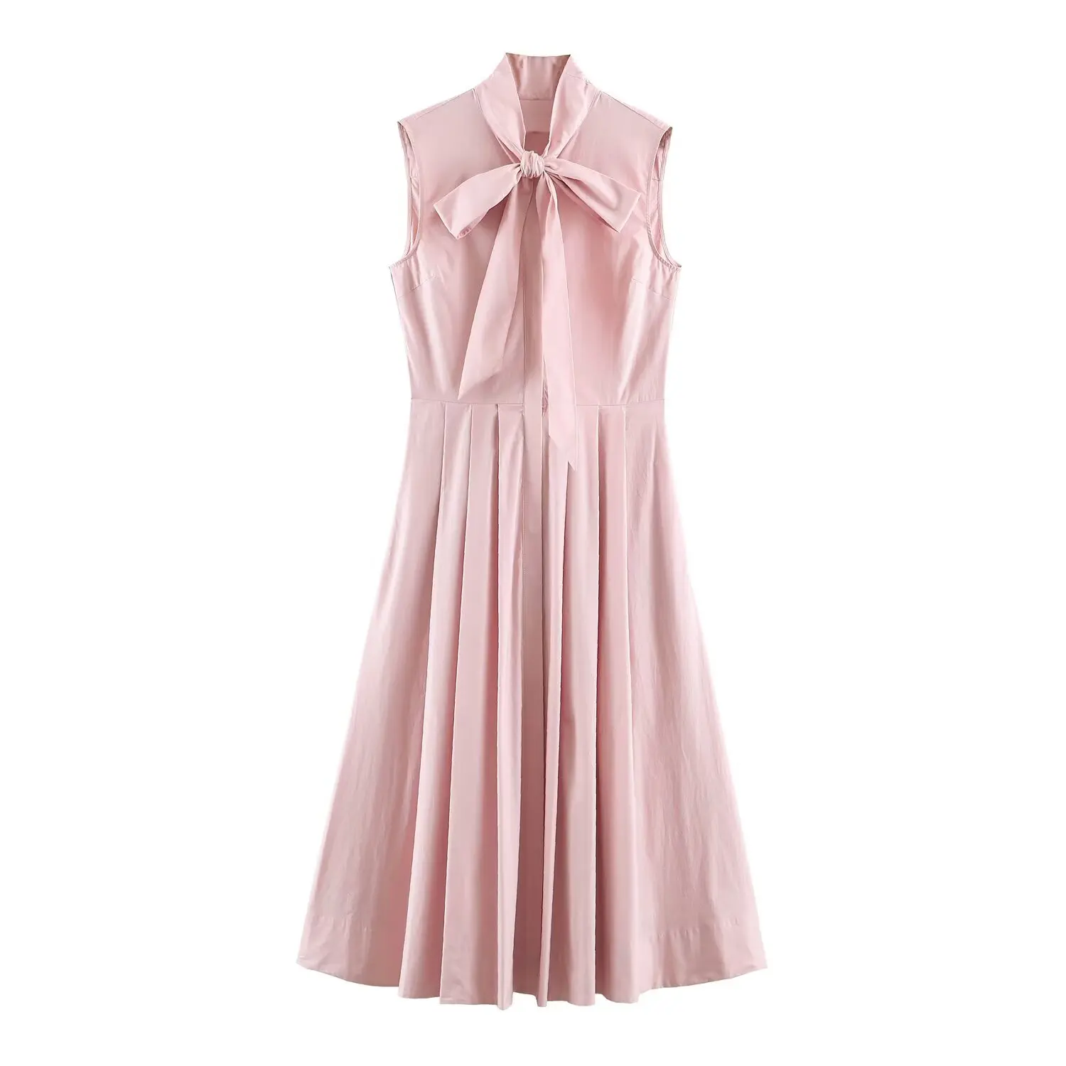 BSAY Sommer Damen Rosa Ärmelloses Hemdkleid mit Schleifenkragen, Hoher Taille, Plissiert, Fließendes Midi A-Linien-Kleid, Elegantes Büro- und Alltagskleid