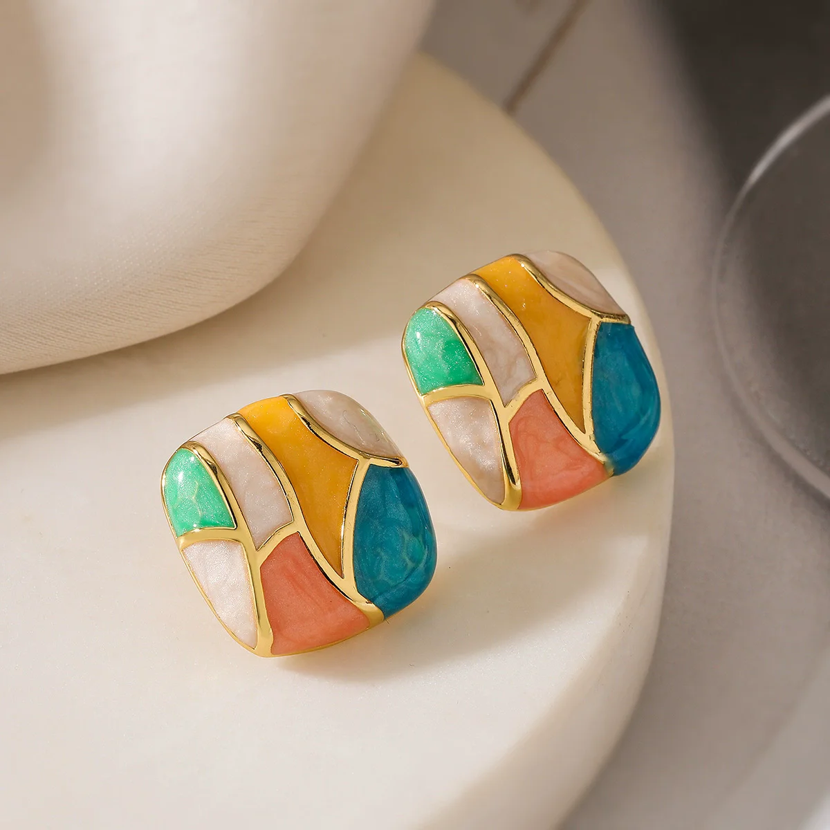 Fashion Colorful Enamel Oil Square Stud Earrings for Women Trendy Irregular Geometry Pattern Personality Earring Jewelry Gift