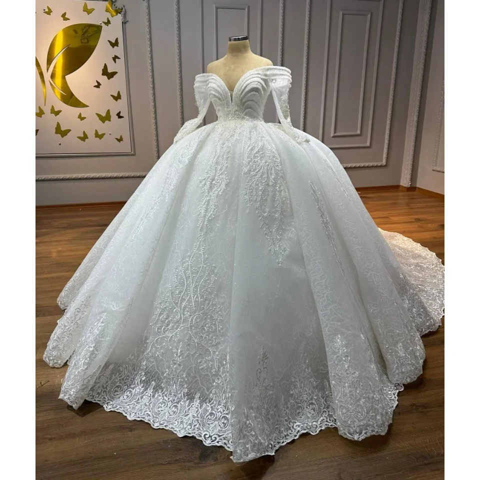 Customized Luxury Sweetheart Princess Wedding Dress Off Shoulder Long Sleeve Lace Decal Tulle Bride Dress A-line Ball Dress
