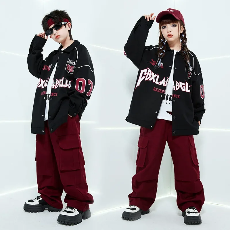 

Kids Hip Hop Clothes Sets Letter Motorcycle Jacket + Cargo Pants Teen Boys Street Dance Costumes Girls Jazz Performance Suit