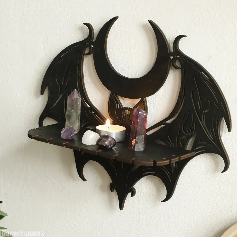 Black Wooden Wall Shelf Gothic Bat Moon Hollow Pattern Floating Shelf Halloween Crystal Holder Goth Home Decor Witch Room Decor