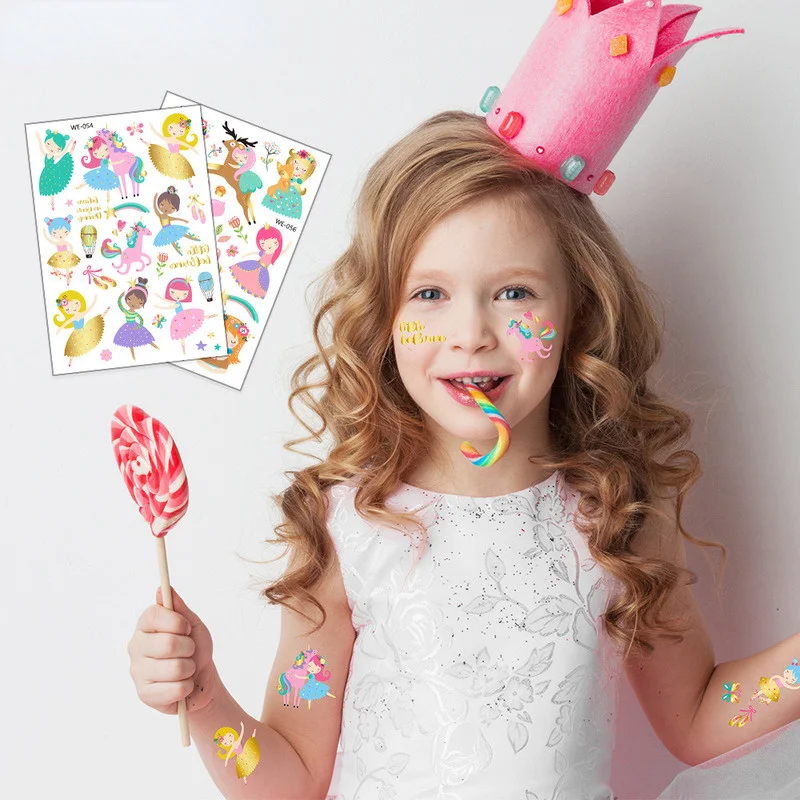 1pcs Baby Girl Princess Cartoon Tattoo Stickers Castle Unicorn Ballet Flash Skin Decoration Children Girls Birthday Party Gift