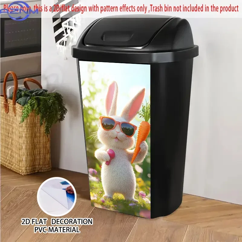 2D 1PC/FLAT, Self-Adhesive Dustbin Stickers,  X  Inches. Features a Cute Rabbit Wearing Orange Sunglasses, Holding a Car