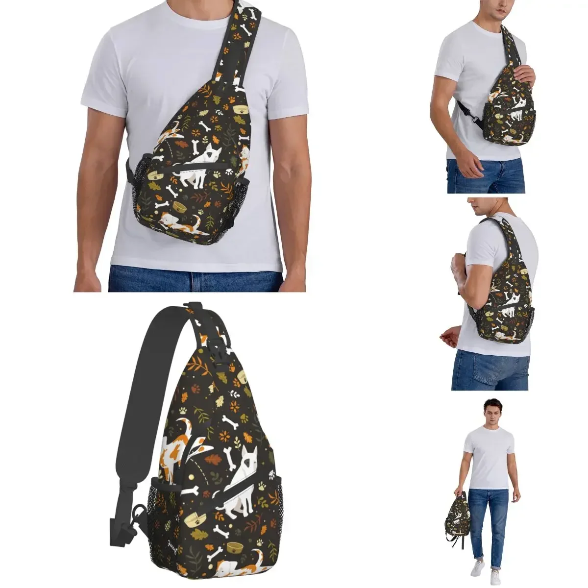 Cartoon Dogs Crossbody Sling Bag Fashion Chest Bag Bones Bull Terrier Shoulder Backpack Daypack for Hiking Outdoor Camping Bag