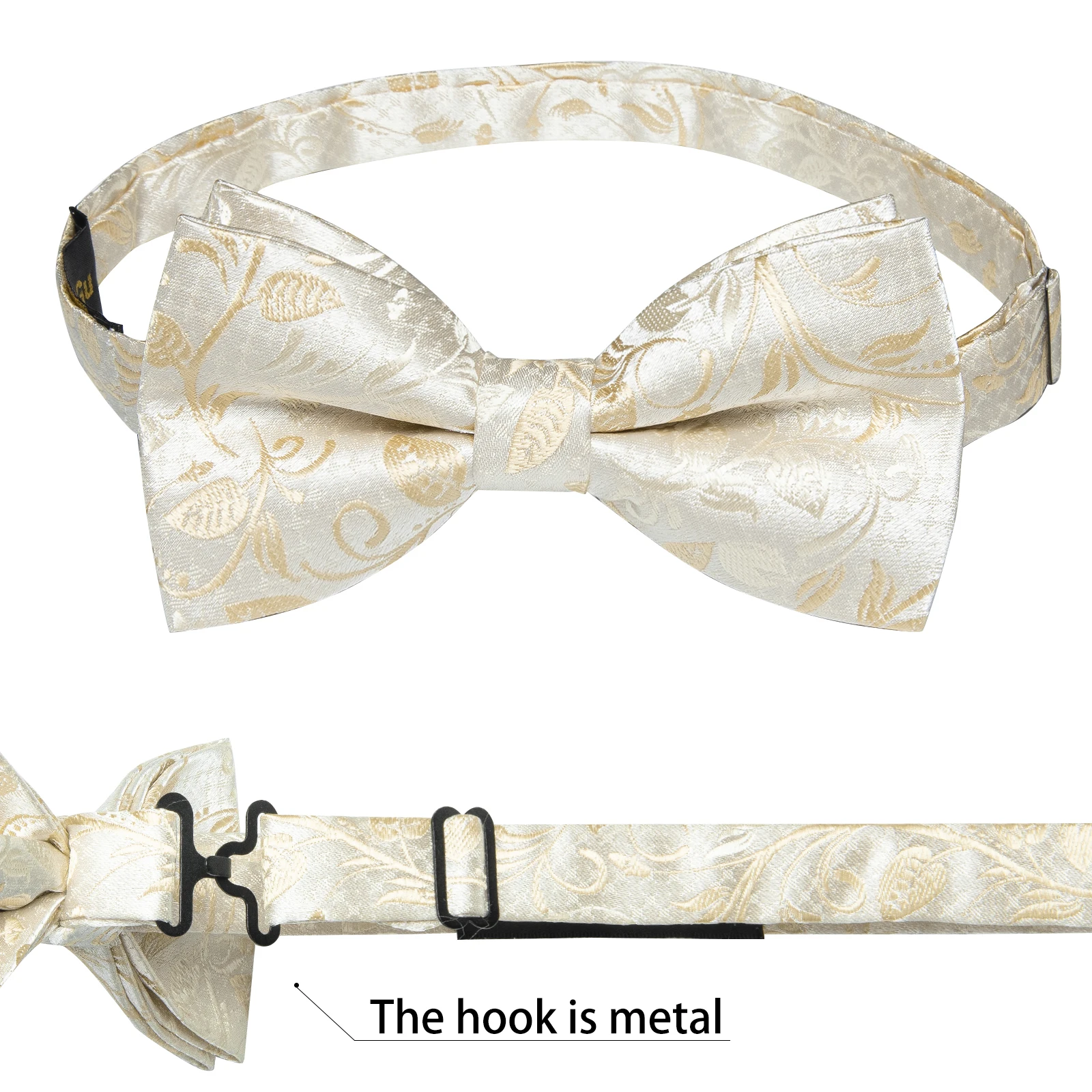 Klassisches schwarzes Herren-Fliege-Set mit Einstecktuch und Manschettenknöpfen – Paisley Gold Vorgebundene Fliege – Detail 18
