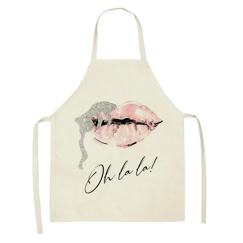 Pink Nail Perfume High Heels Printed Linen Apron Kitchen Women Sleeveless Apron Cooking Baking Bib Household Cleaning Tools