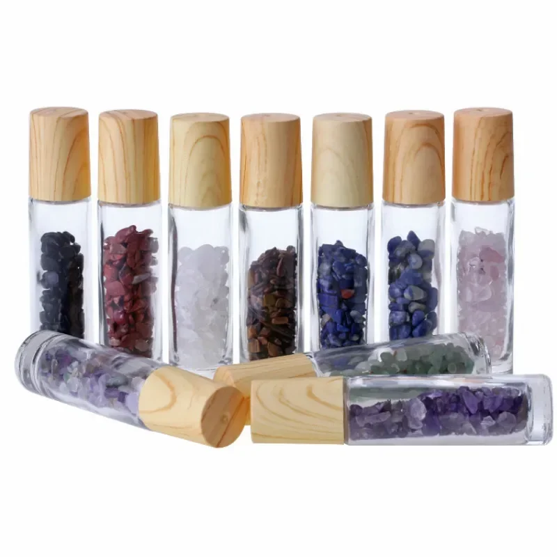 Natural Gemstone Jade Roller Bottle Plastic Wood Grain Lid for Essential Oil Crystal Roll Ball 10ml 10pcs P230