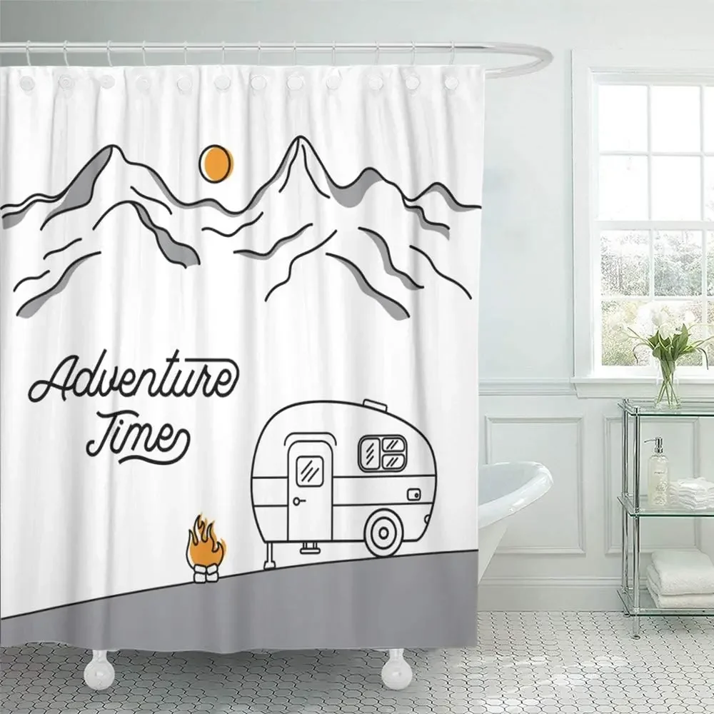 

Shower Curtain Waterproof Road with Retro Camper on The of Mountains Line Style Trip Van Vintage Activity with Hooks