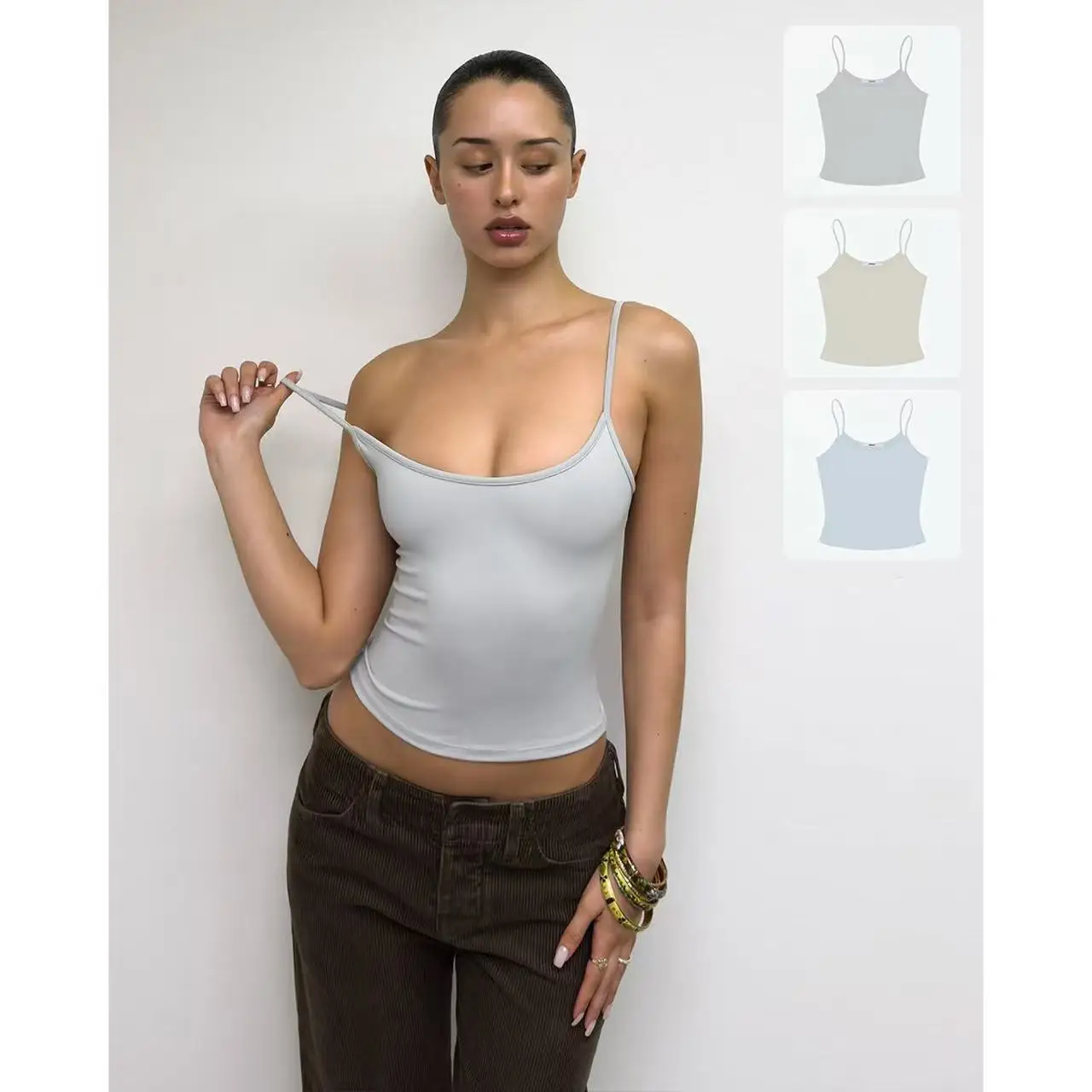 Tank Baby Blue Slingback Babydoll Top Soybean Color Fog-Gray New Color Fixed-Dyeing Tight-Fitting Base Shirt Slim-Fit Top