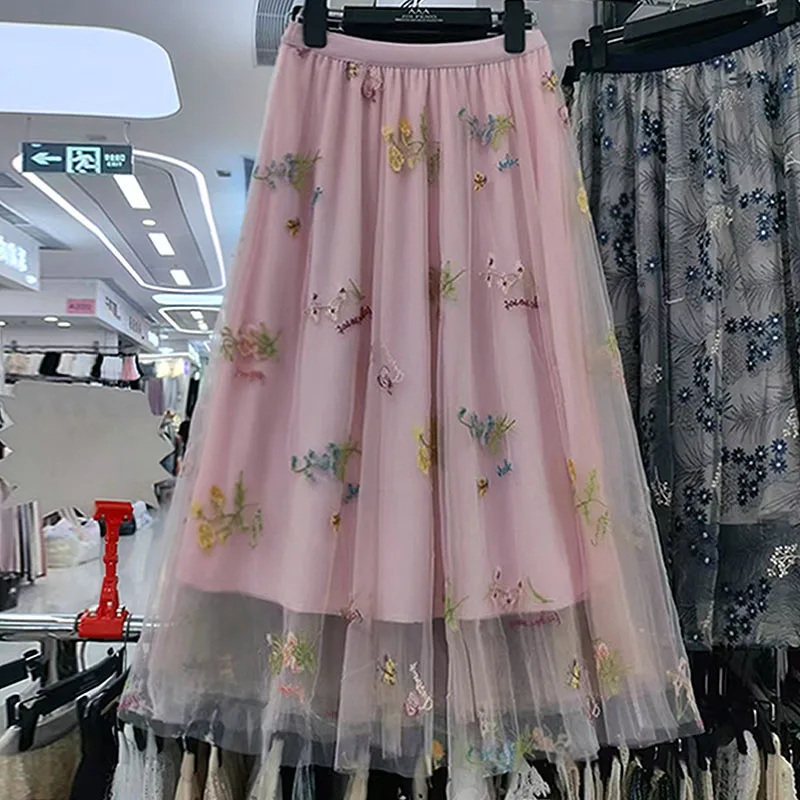 Wiosenna moda damska, spódnice z wysokim stanem, rozkloszowane, plisowane, długie spódnice letnie z siateczki, tiulu, haftowane, w kwiaty, koreańskie, eleganckie, codzienne spódnice.