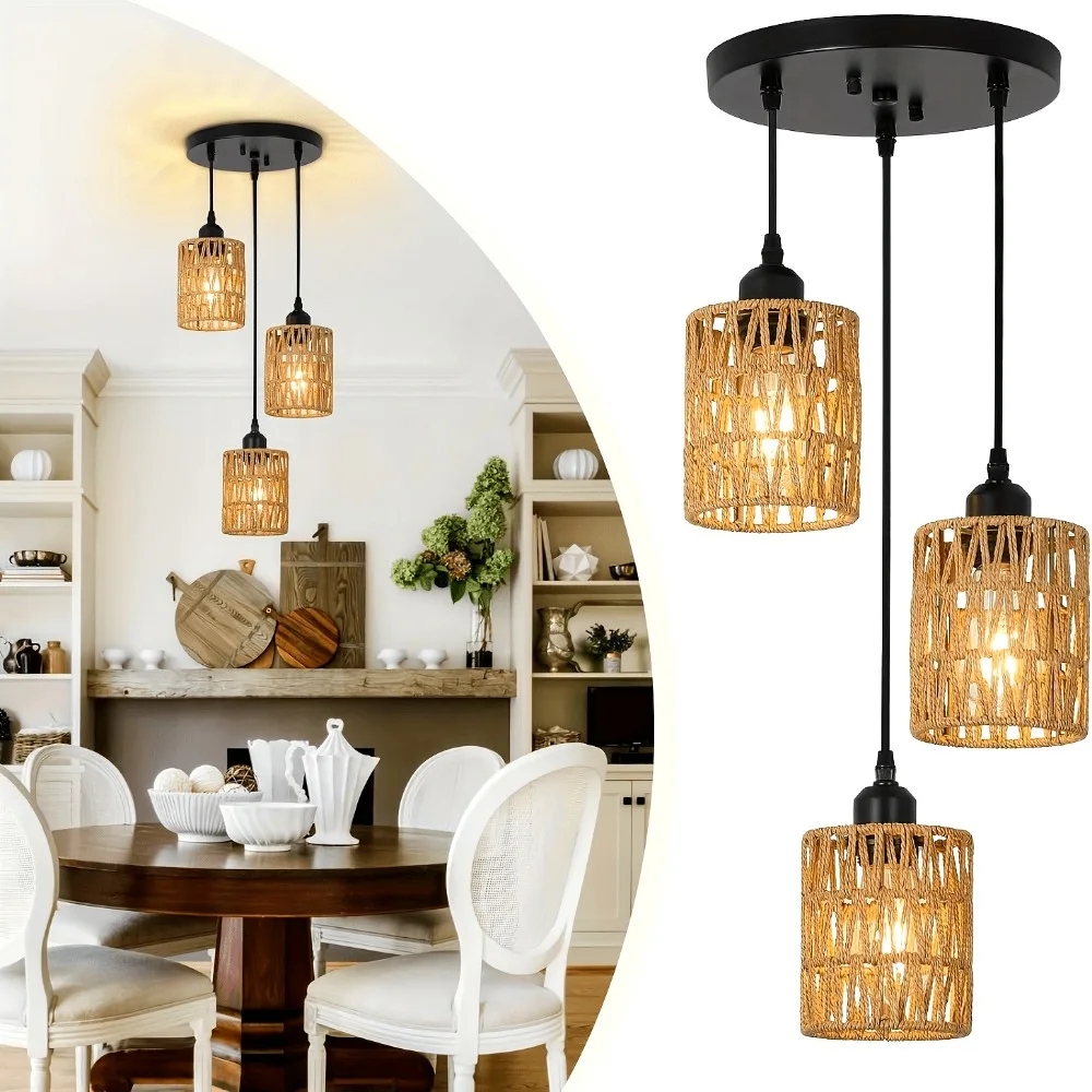 

Boho 3-Light Rattan Pendant Light Handwoven Wicker Lampshade Chandelier for Farmhouse Dining Room Living Room Bedroom Lighting