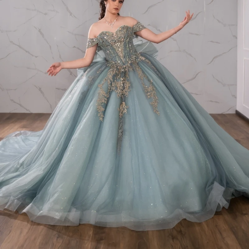 

Light Blue Shiny Ball Gown Quinceanera Dresses Applique Lace Beading Crystal Bow Tull Corset Off Shoulder Sweet 16 Dress Vestido