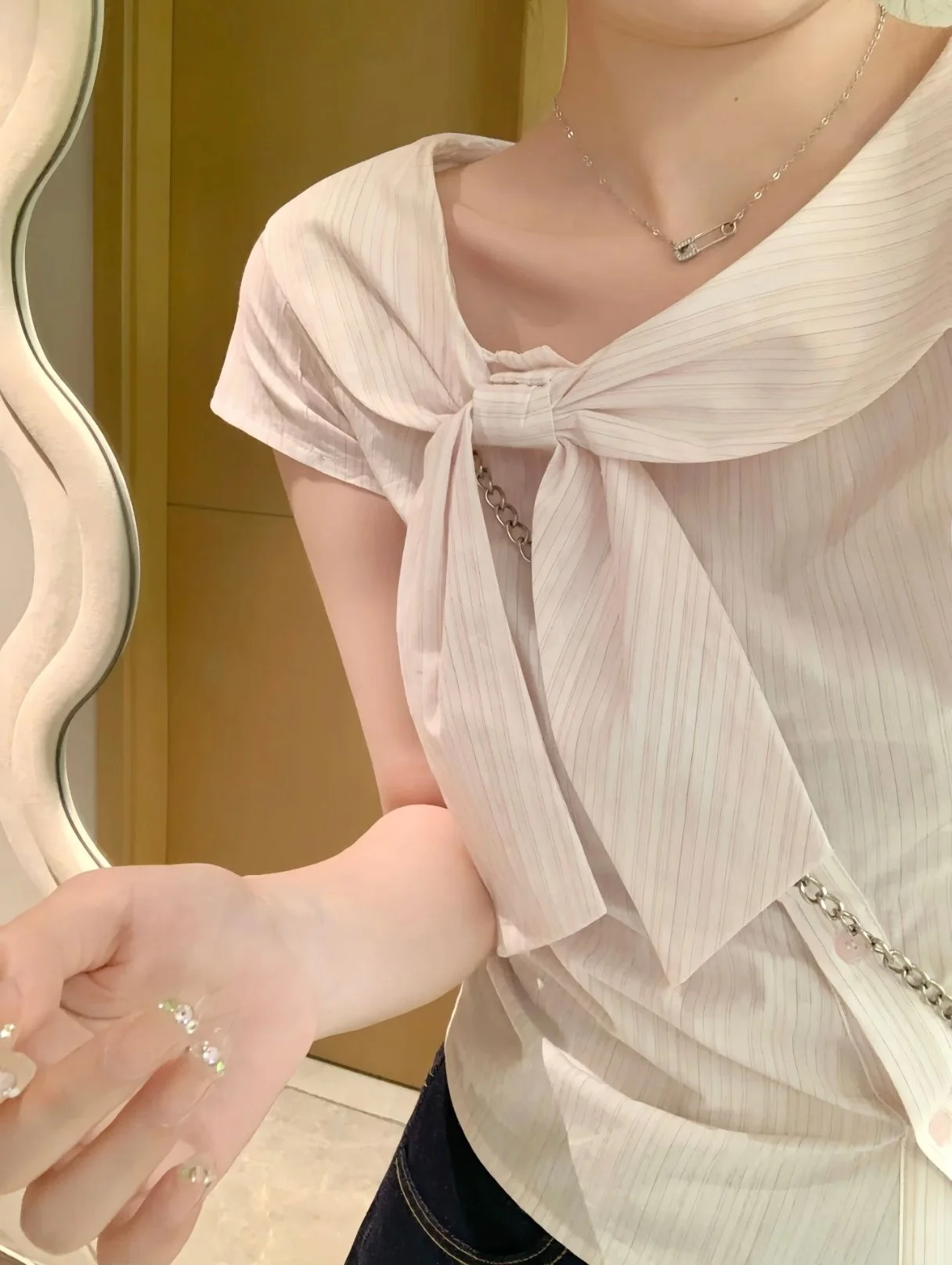 ファイオナブル ノット オルト ストライプ イルト レディース サマー ウエストシンチング トップ ノット コリオン クオリ 通勤 スレ