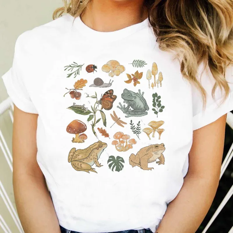

Plant Frog Mushroom Shrimp Round Collar Print White T-shirt Short Sleeve Women's Wear Aesthetic Clothes Graphic T Shirts