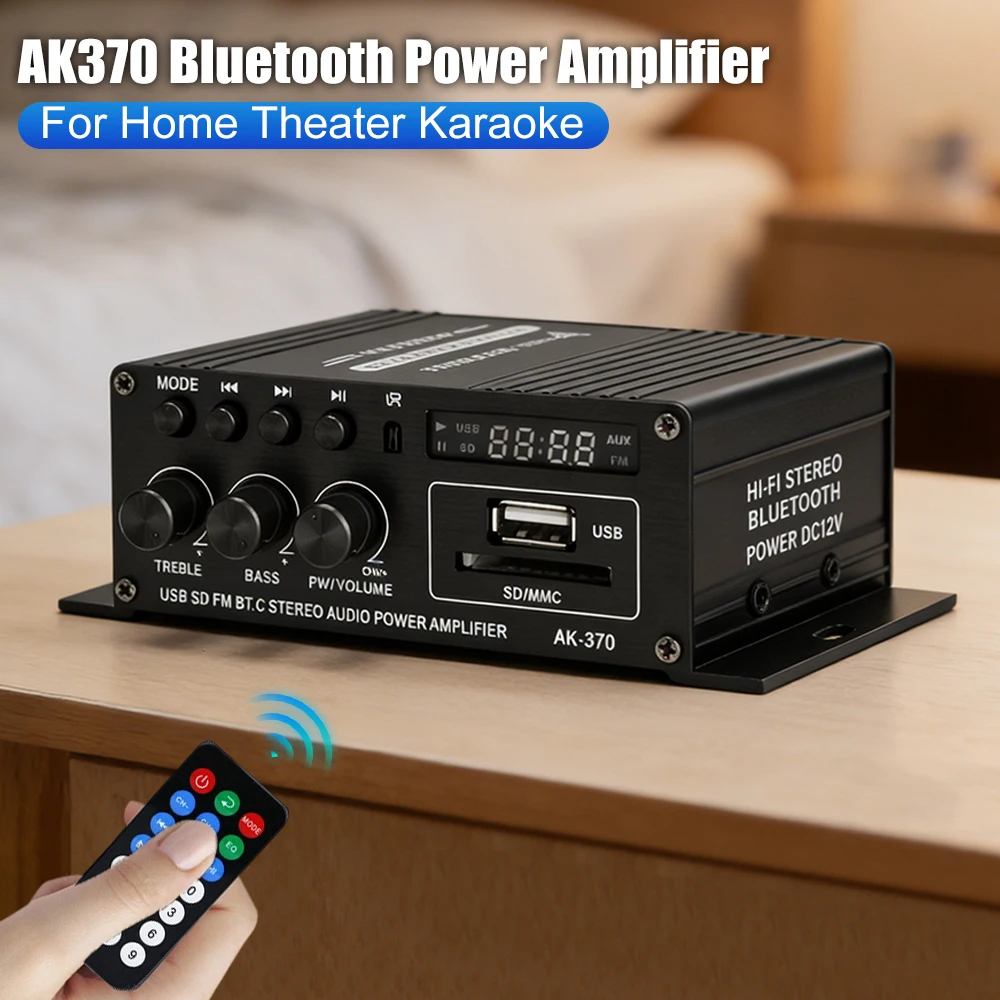 

Усилитель для домашнего кинотеатра и караоке AK370 с USB, SD, AUX, Bluetooth, Hi-Fi аудио, музыкальная колонка, пульт дистанционного управления, 2-канальный усилитель мощности