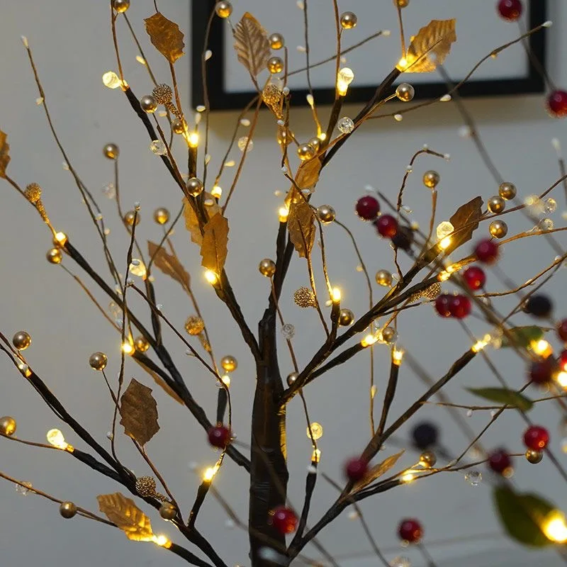 24 LEDs Christmas Tree Light Red Berry Golden Leaf Lamp Warm Fairy Night Light DIY Branch Festive Tabletop Light Room Decor Gift