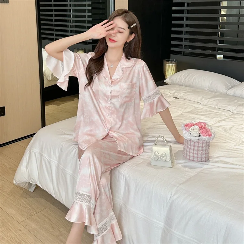 Temperament  New Lace Pajamas Women Spring And Autumn Thin Short Sleeve Trousers Cardigan Set Hollow-out Ice Silk Pyjamas Sets