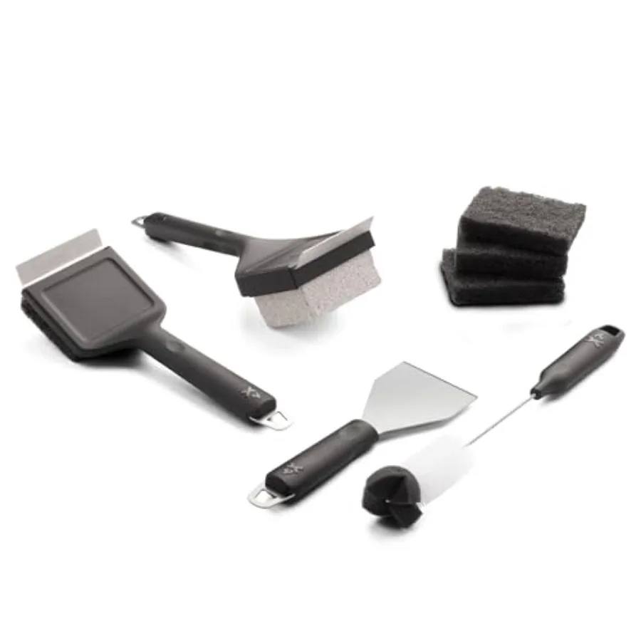 Kit de limpieza para planchas de cocina con raspador, 4 estropajos, piedra pómez y cepillo para desengrasar en negro y plateado